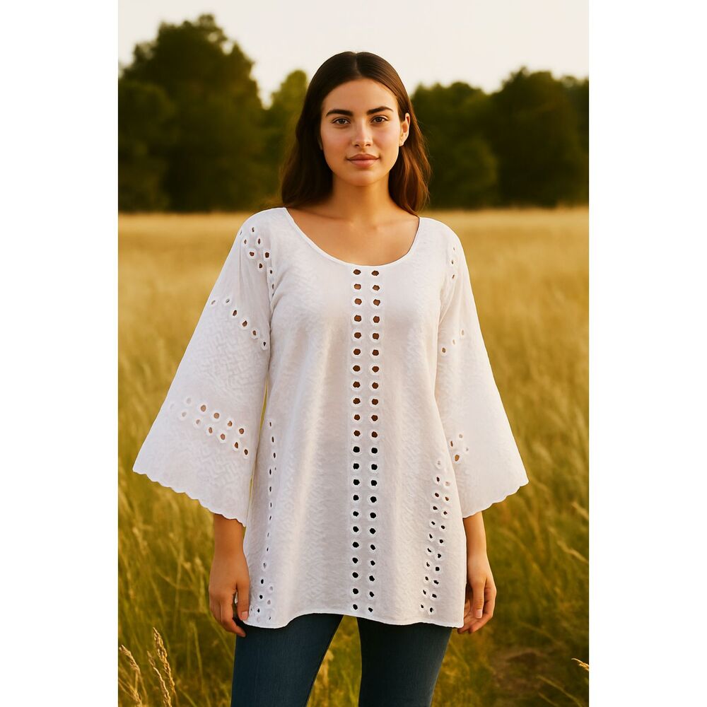 Boho White Eyelet Tunic XL Handmade Angel Wing Sleeve Embroidered Top